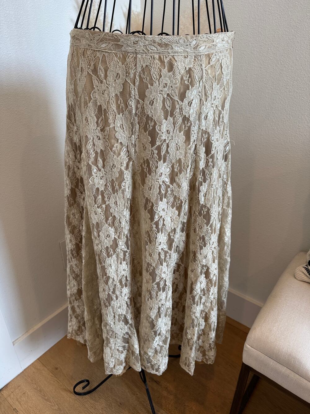 Vintage Mlle Gabrielle Beige Floral Lace Midi Skirt Lined Boho Cottagecore Y2K